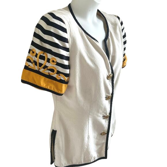 Vintage Saks Fifth Avenue Silk‎ Top Sz 16 Nautical Stripe Puff Sleeve Gold Trim - Picture 3 of 6